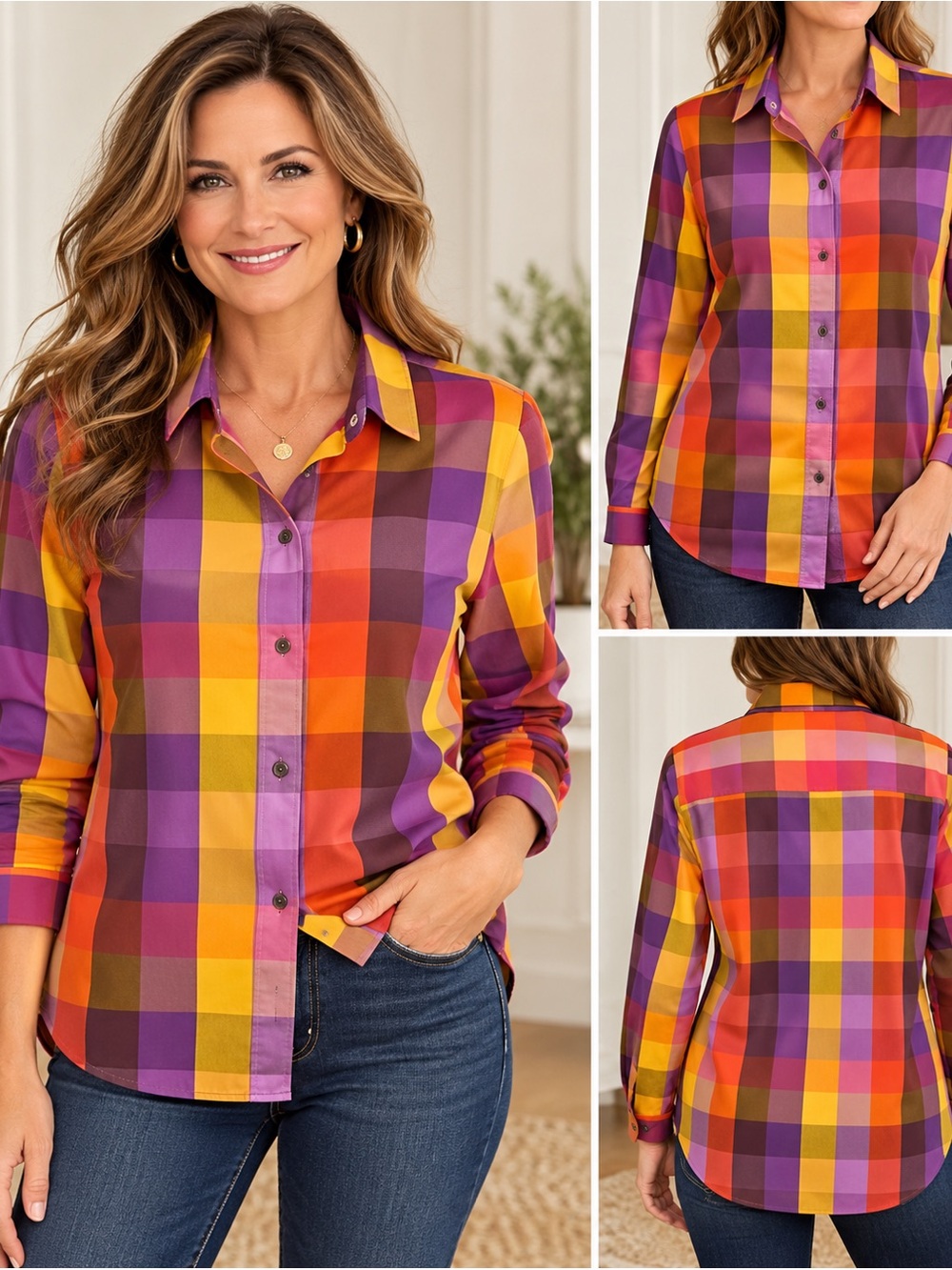 Liz Claiborne New York Womens Small Multicolor Plaid Button Down Shirt Long Sl